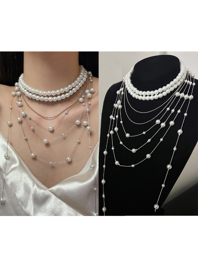 Multi-Layer Pearl Tassel Necklace Set Elegant Choker For Women Wedding Party - Image 1